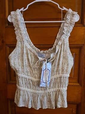 Bridgeton Floral Ruffle Tank Top in Cream and Sage 100% Cotton